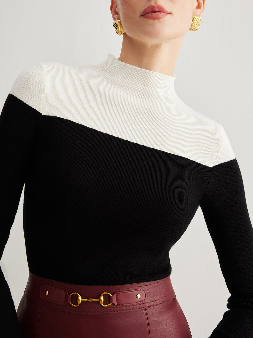 Yün karışımlı renk bloklu triko üst, kadın modası