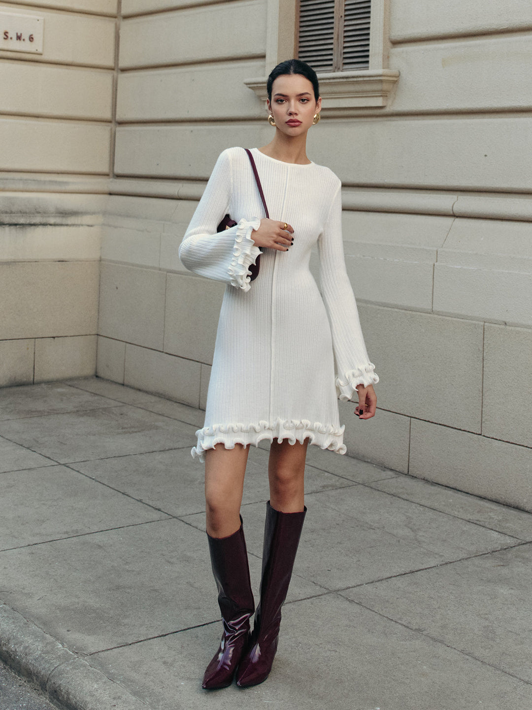 Marul Yeşil Tüylü Kollu Kazak Elbisesi