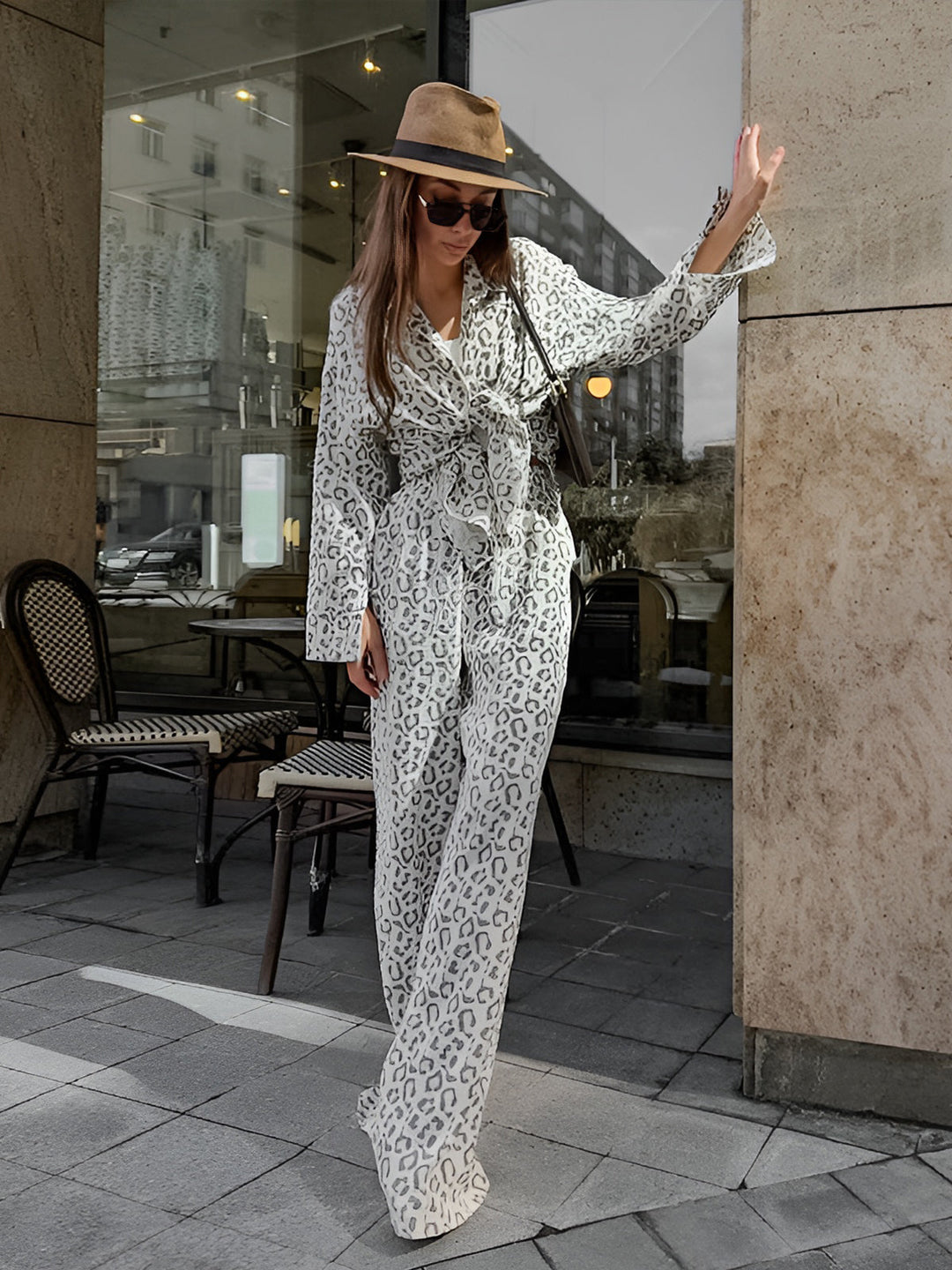 Leopar baskılı yüksek bel pantolon takımı