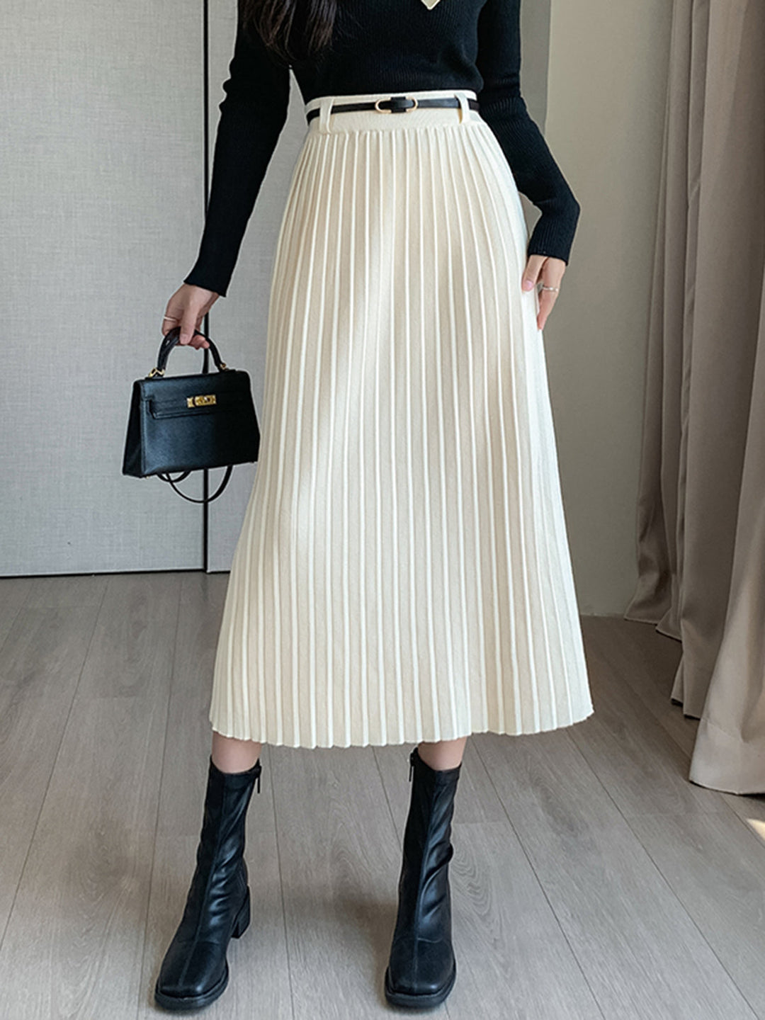 Pleated Sweater Skirt With Belt - Svelte Chic