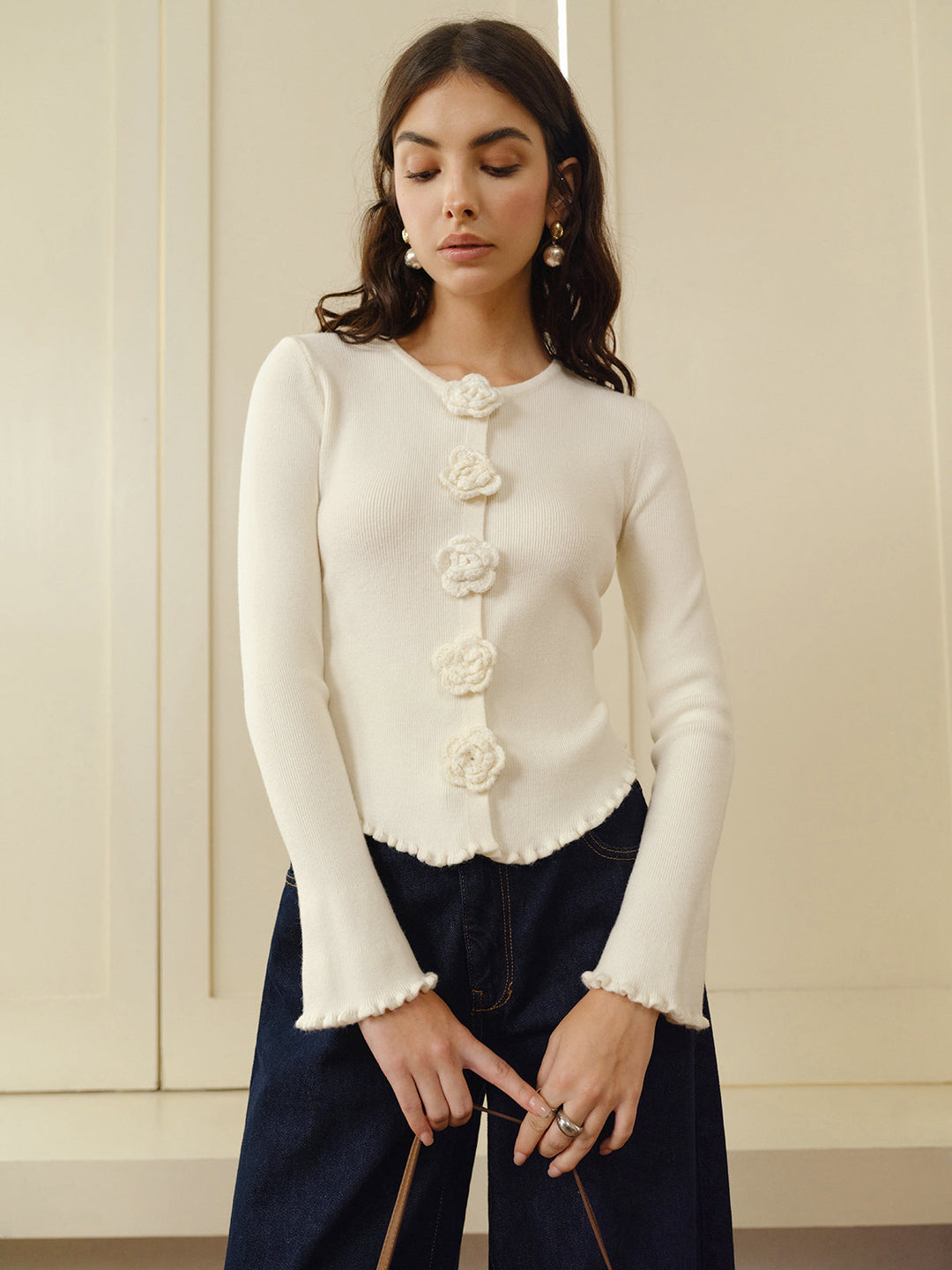 3D Flower Lettuce Trim Cardigan, şık ve zarif tasarım