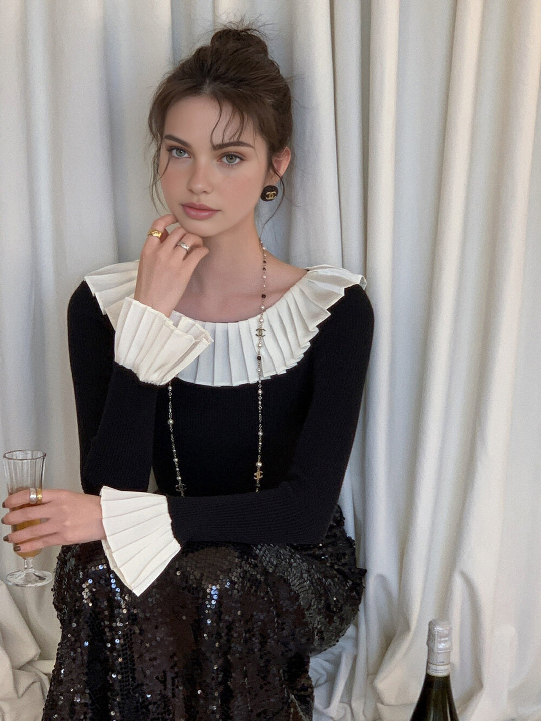 Şık Renk Bloklu Plise Triko Bluz, kadın modası