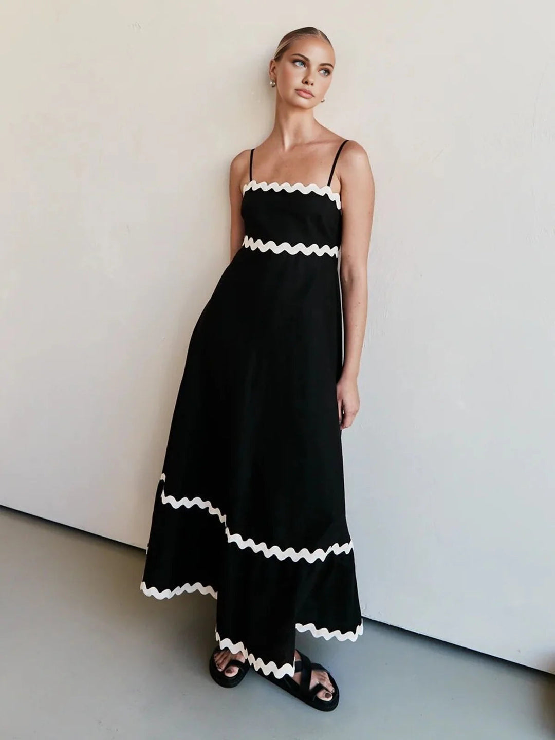 Kontrast Şeritli Cami Uzun Elbise - Svelte Chic