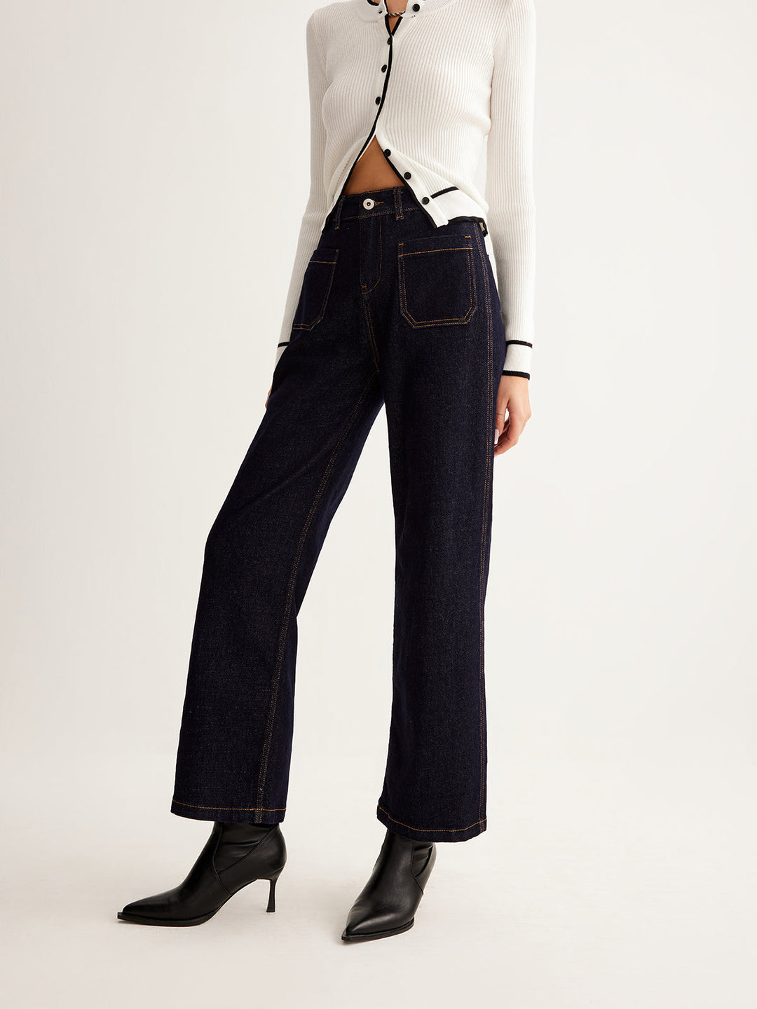 Retro Contrast Topstitching Straight Pants with high waist design