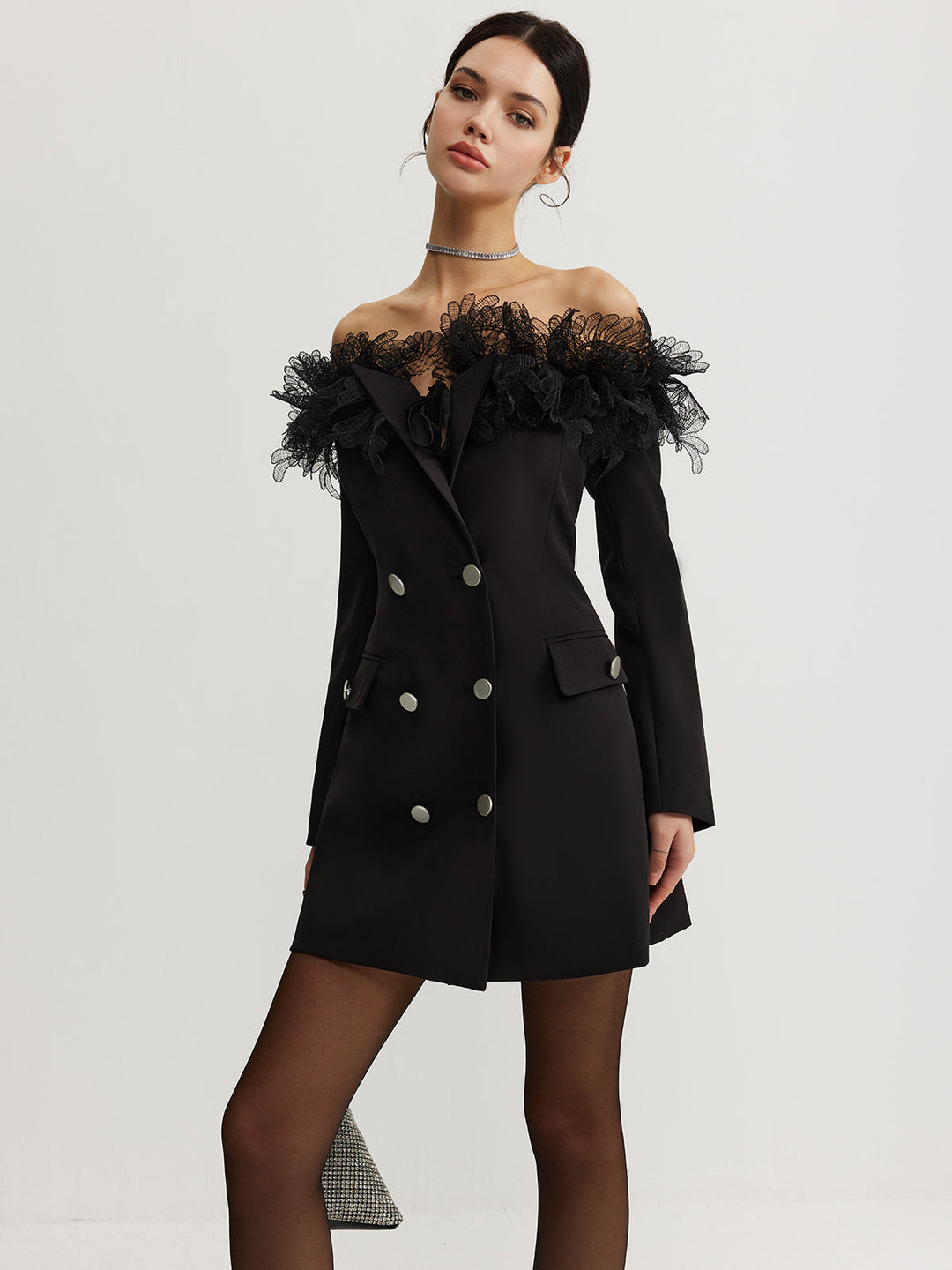 Omuz Açık Dantel Panelli Blazer Elbise, kadın modası, şık ve romantik