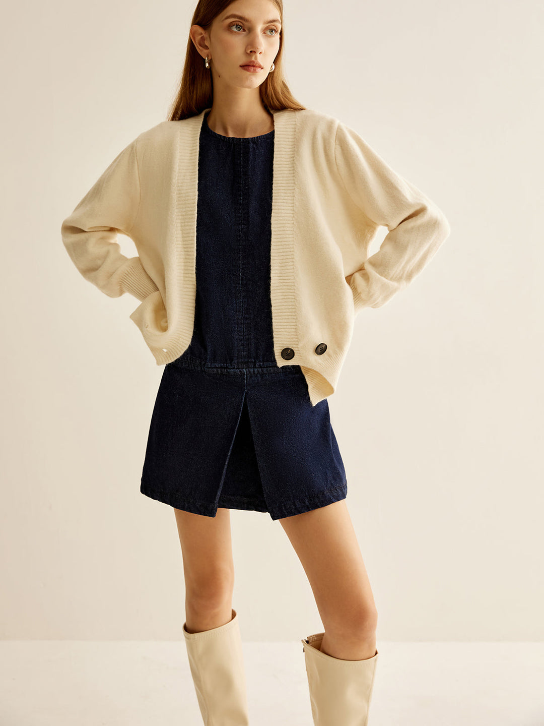 Kare yaka kolsuz kot elbise Svelte Chic