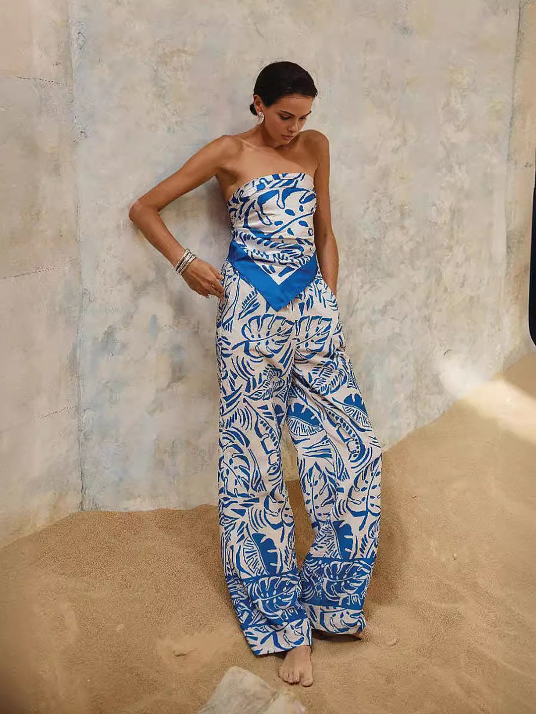 Bitki baskılı eşarplı pantolon takımı, Svelte Chic