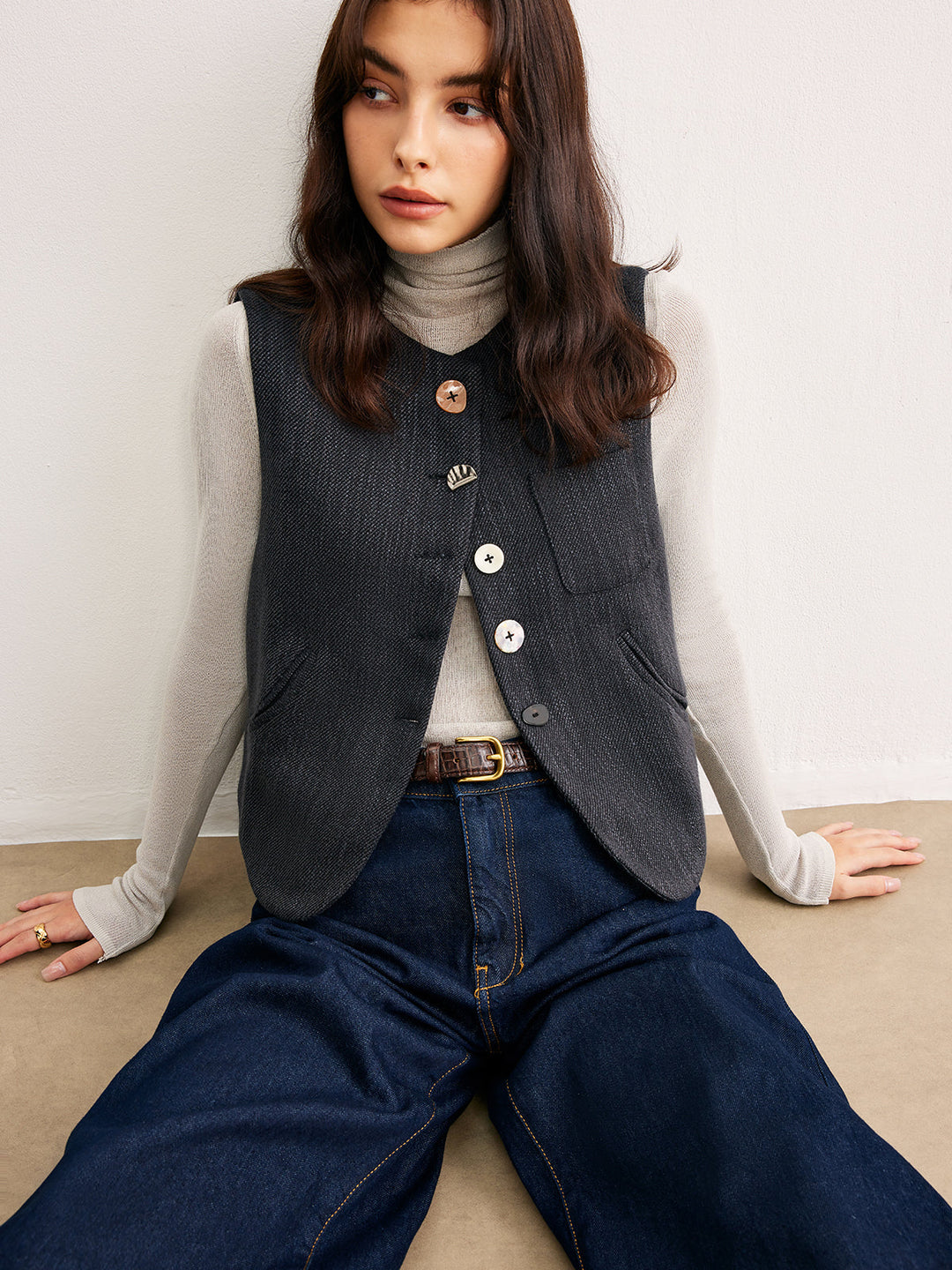 Geometrik düğme kısa yelek, gündelik stil için ideal