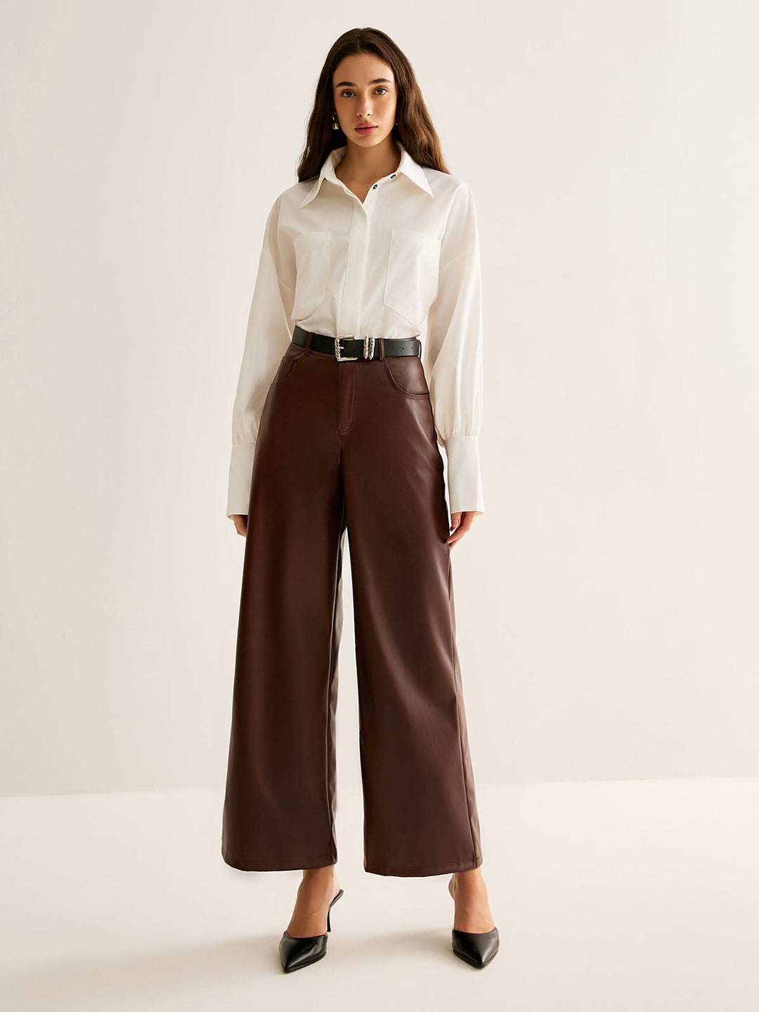 PU Leather Belted Straight Pants, Svelte Chic