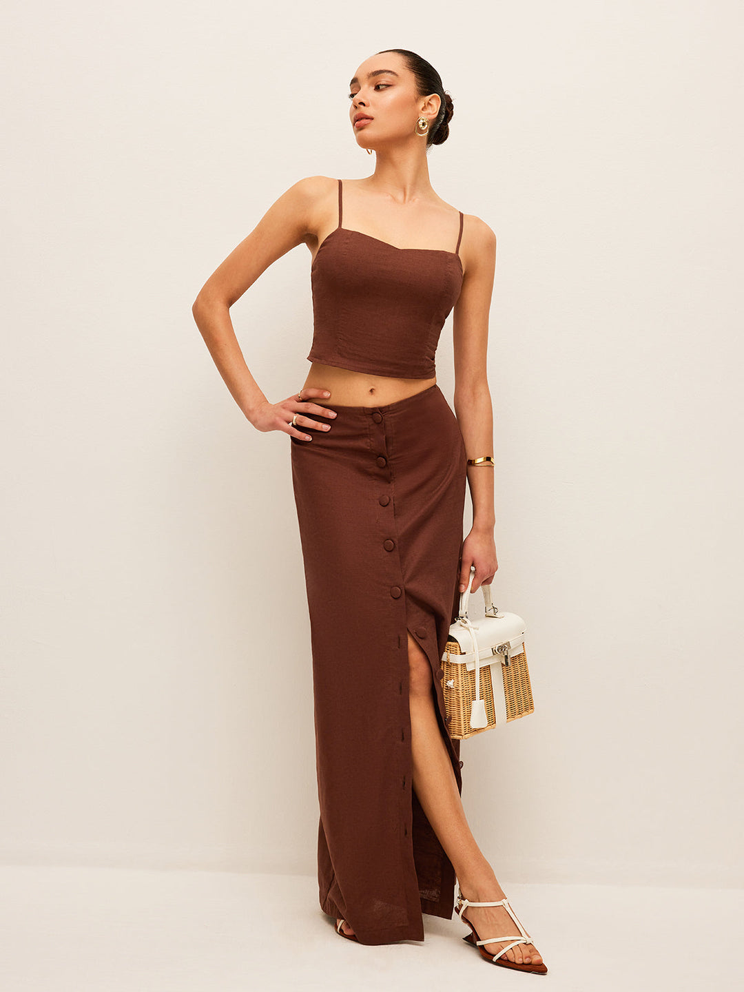 Şık Pamuk ve Keten Düğmeli Etek Takımı