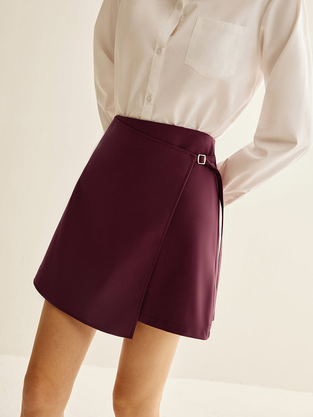 Burgundy Wrap Mini Skirt ön görünüm