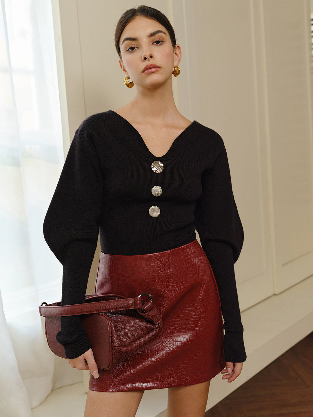 V-Yaka Koyun Kolu Kazak, Svelte Chic markalı, şık kadın modası