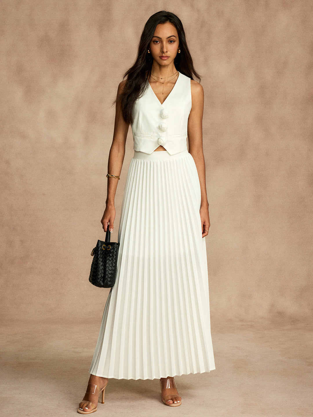 Svelte Chic Rozet Yelek Pileli Etek Takımı