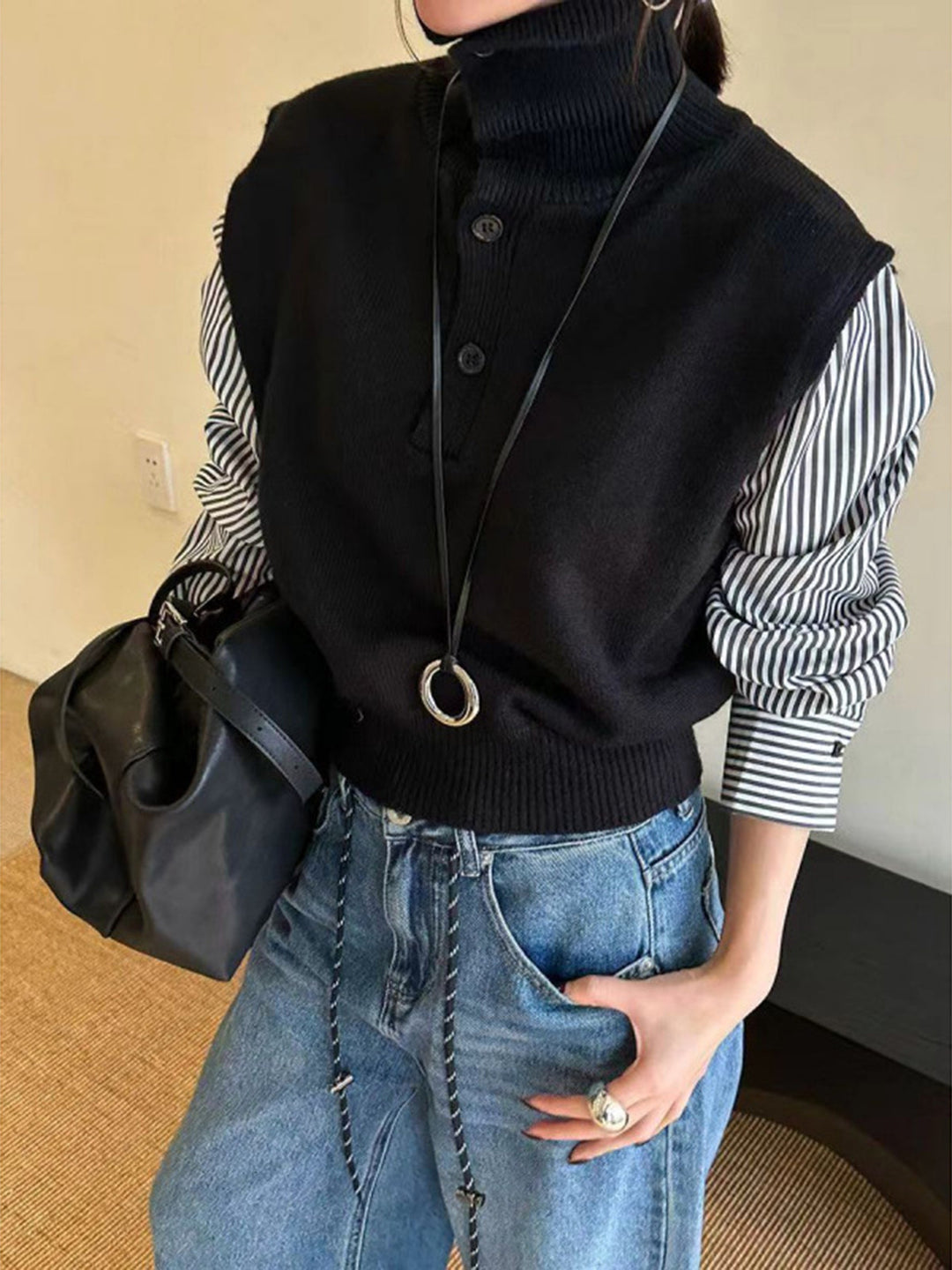 Renk bloklu panel yaka kazak, Svelte Chic