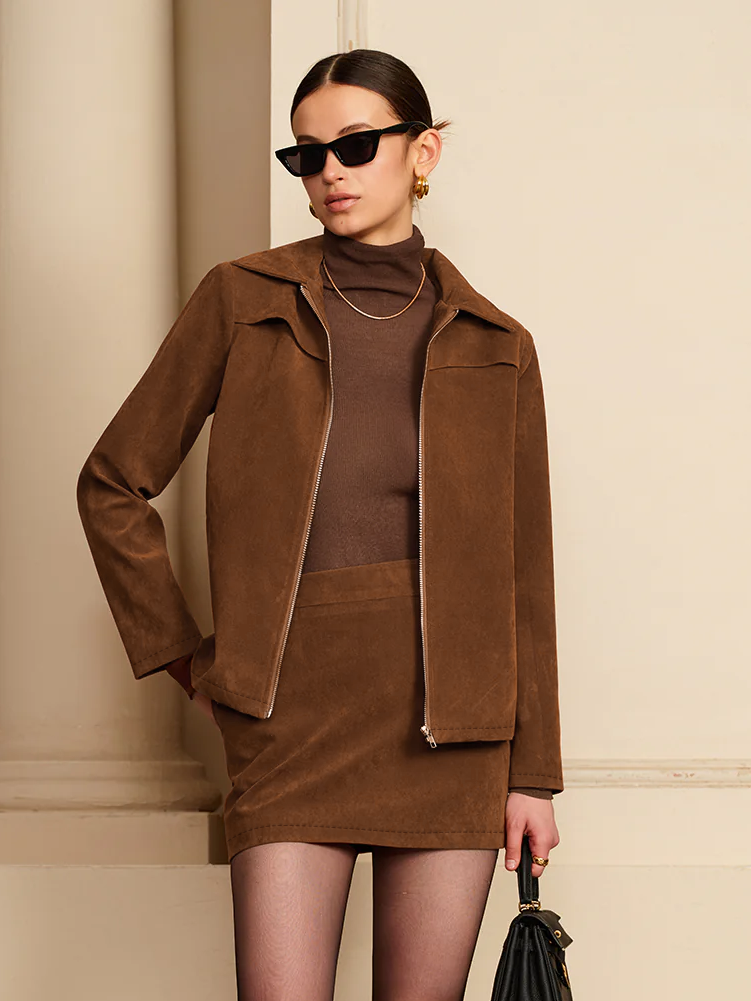 Omuz yastıklı süet fermuarlı ceket