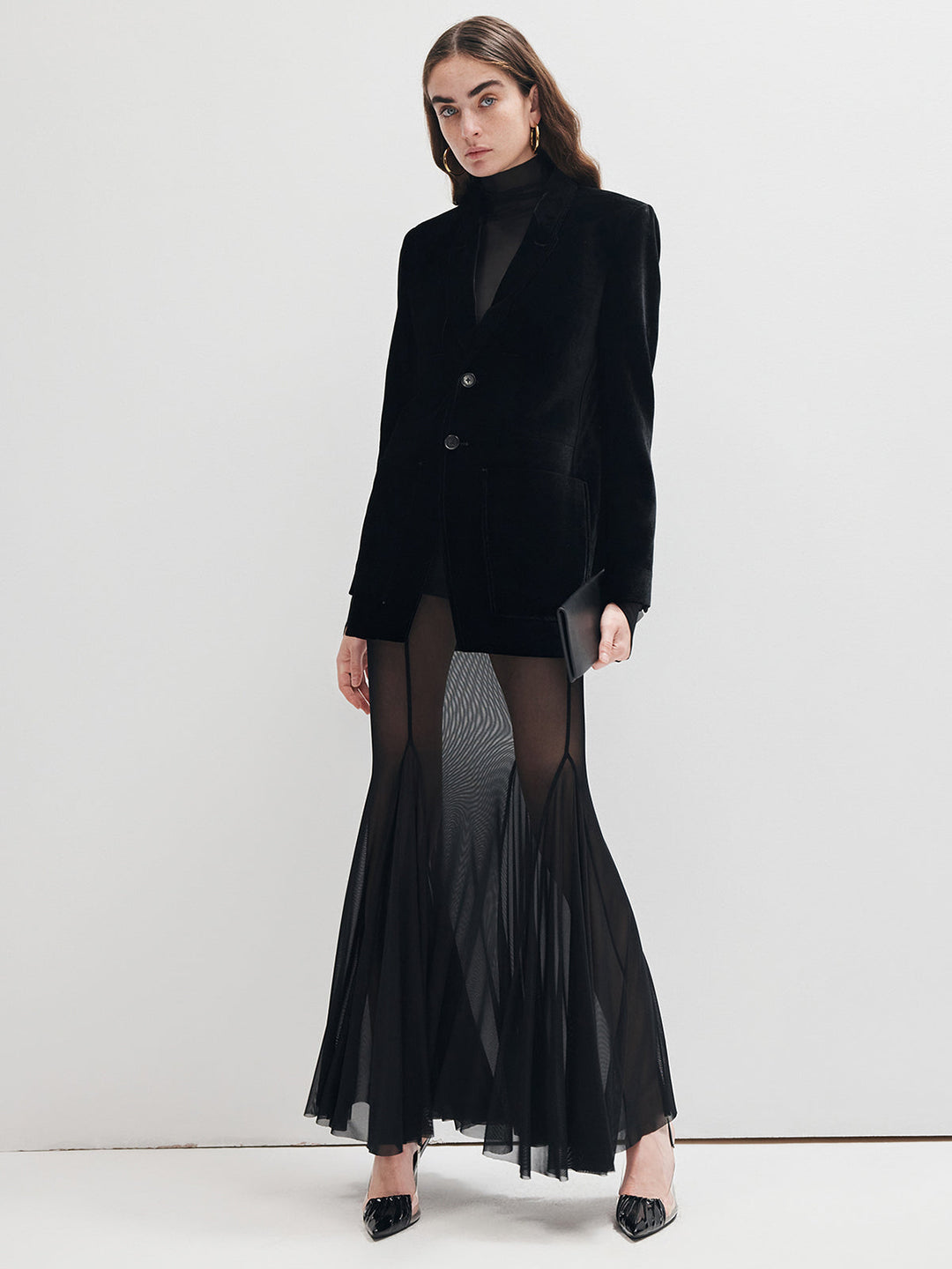 Volanlı Şifon Panele Maxi Etek, şık ve yarı şeffaf tasarımıyla