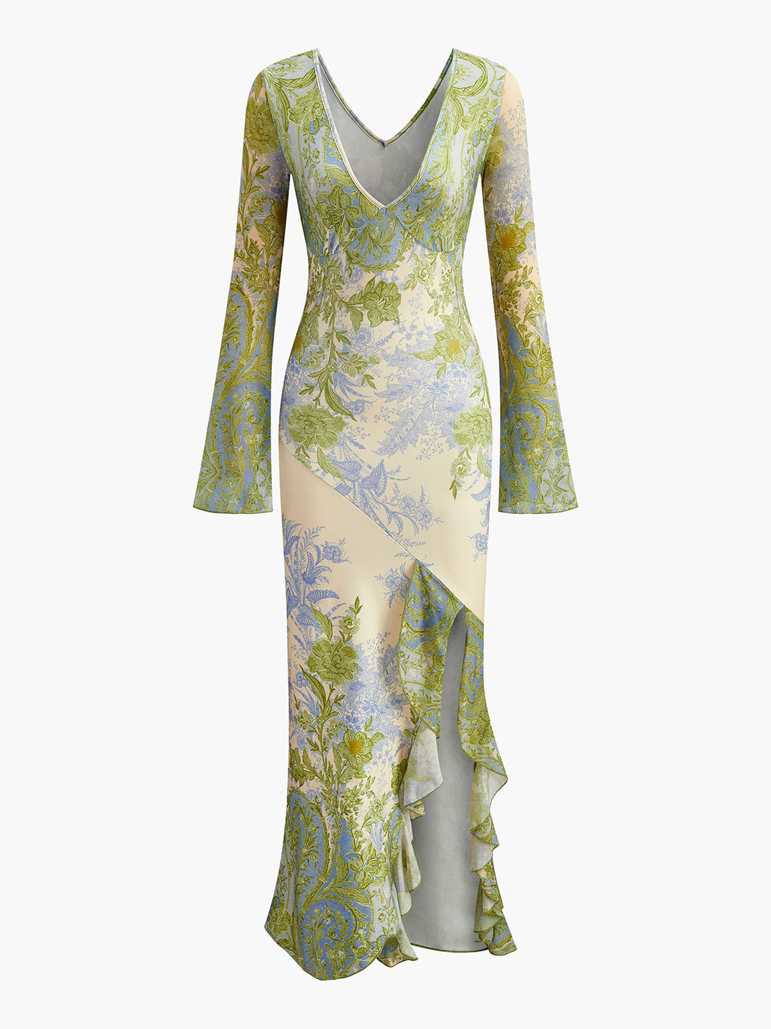 Romantik V-Yaka Baskılı Volan Elbise giyen model