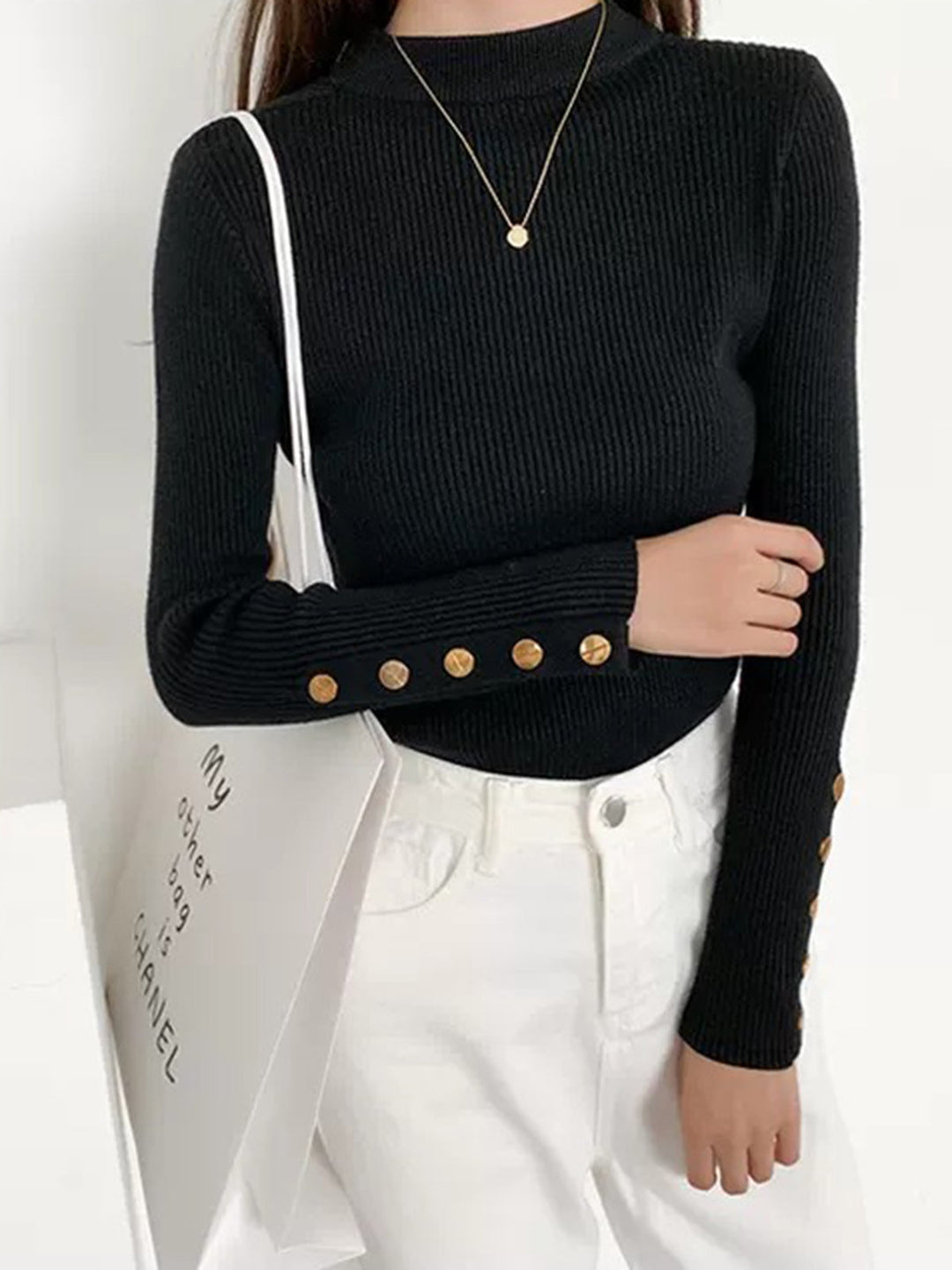 Svelte Chic Metal Düğmeli Ribana Triko Üst