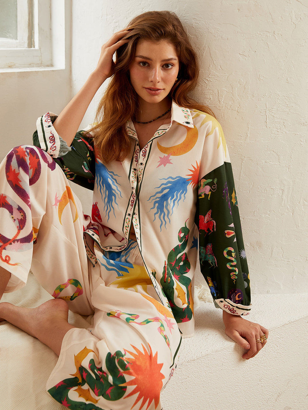 Boho Baskılı Bol Gömlek ve Geniş Paça Pantolon Takımı