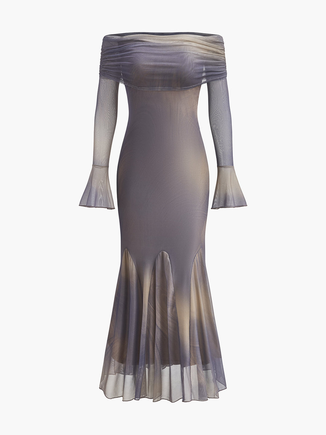 Şık düşük omuz elbise ile zarif çan kollu