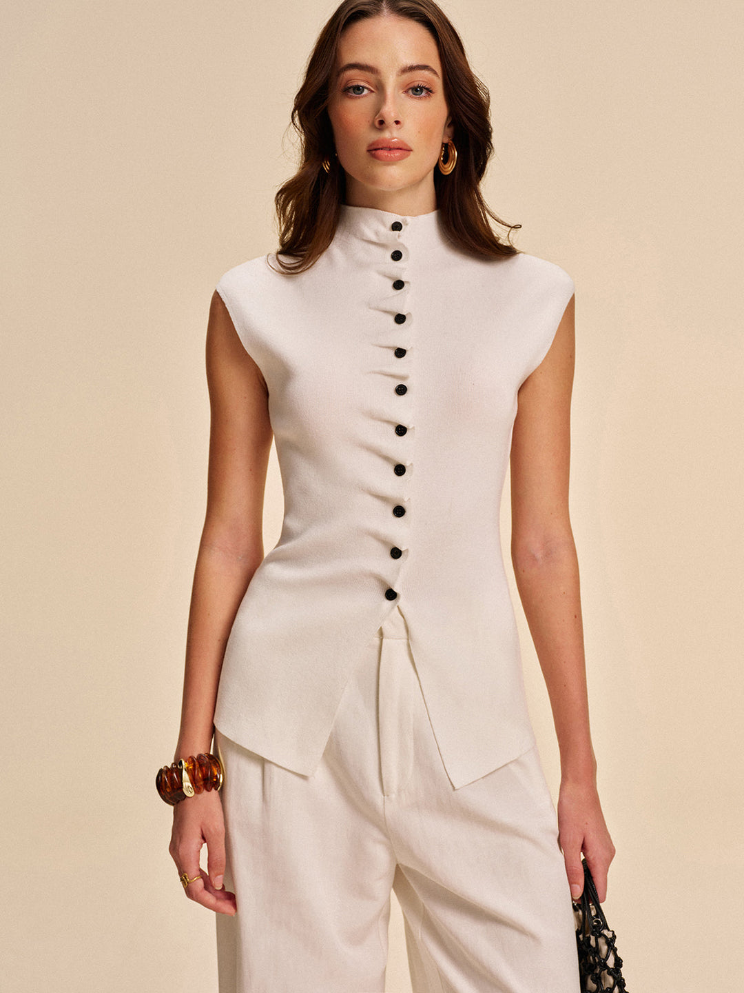 Şık Düğmeli Kolsuz Hırka, kadın modası, Svelte Chic