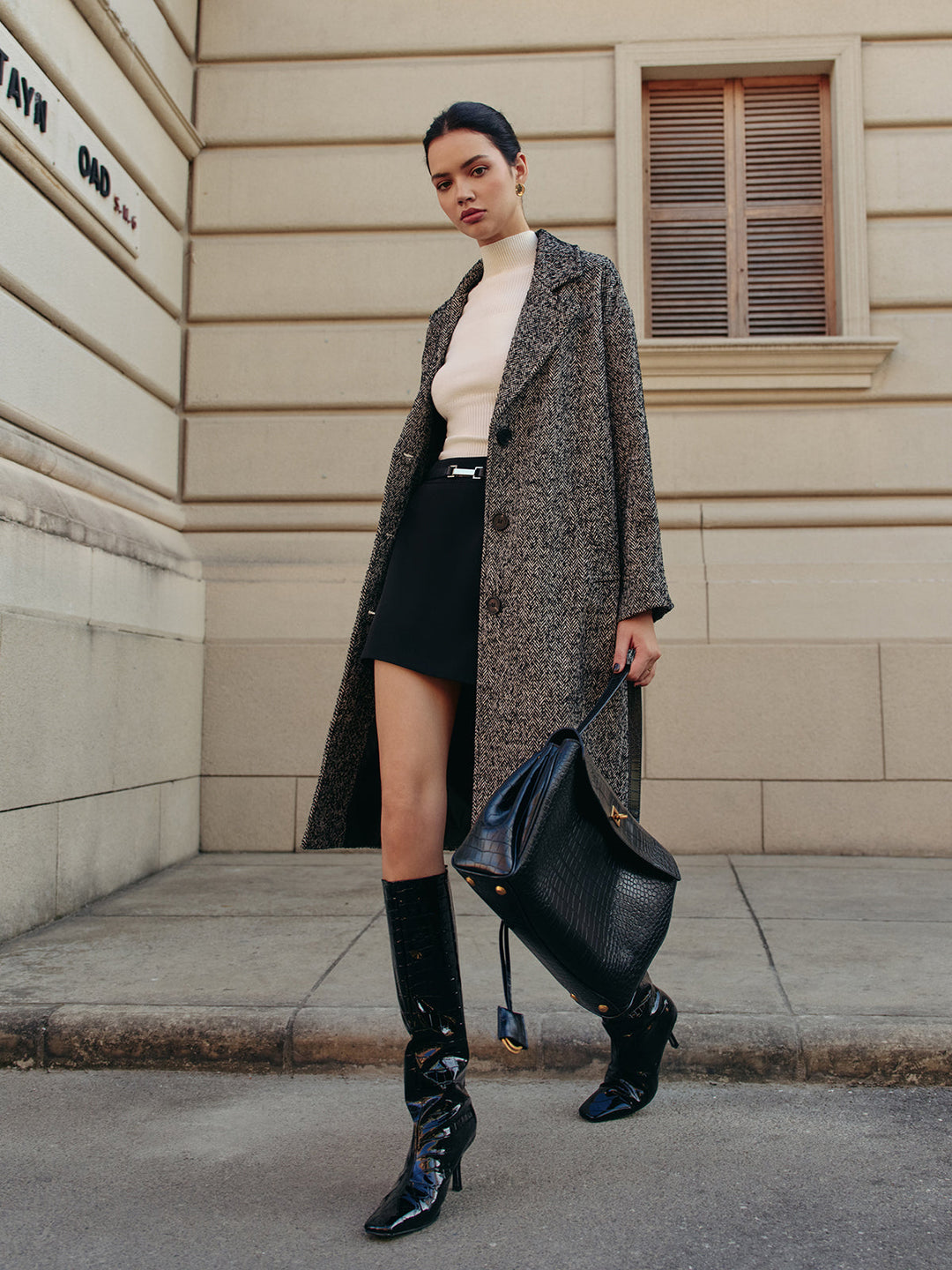 Şevron Cepli Uzun Palto, şık ve sıcak kadın modası