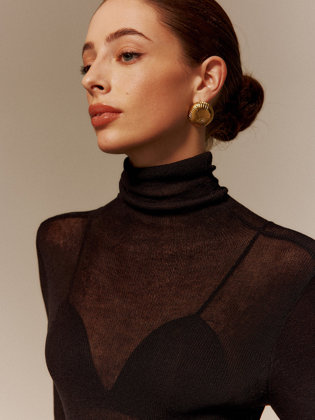 Şık Yarı Şeffaf Skinny Kazak, Yün Karışımlı Yüksek Yaka