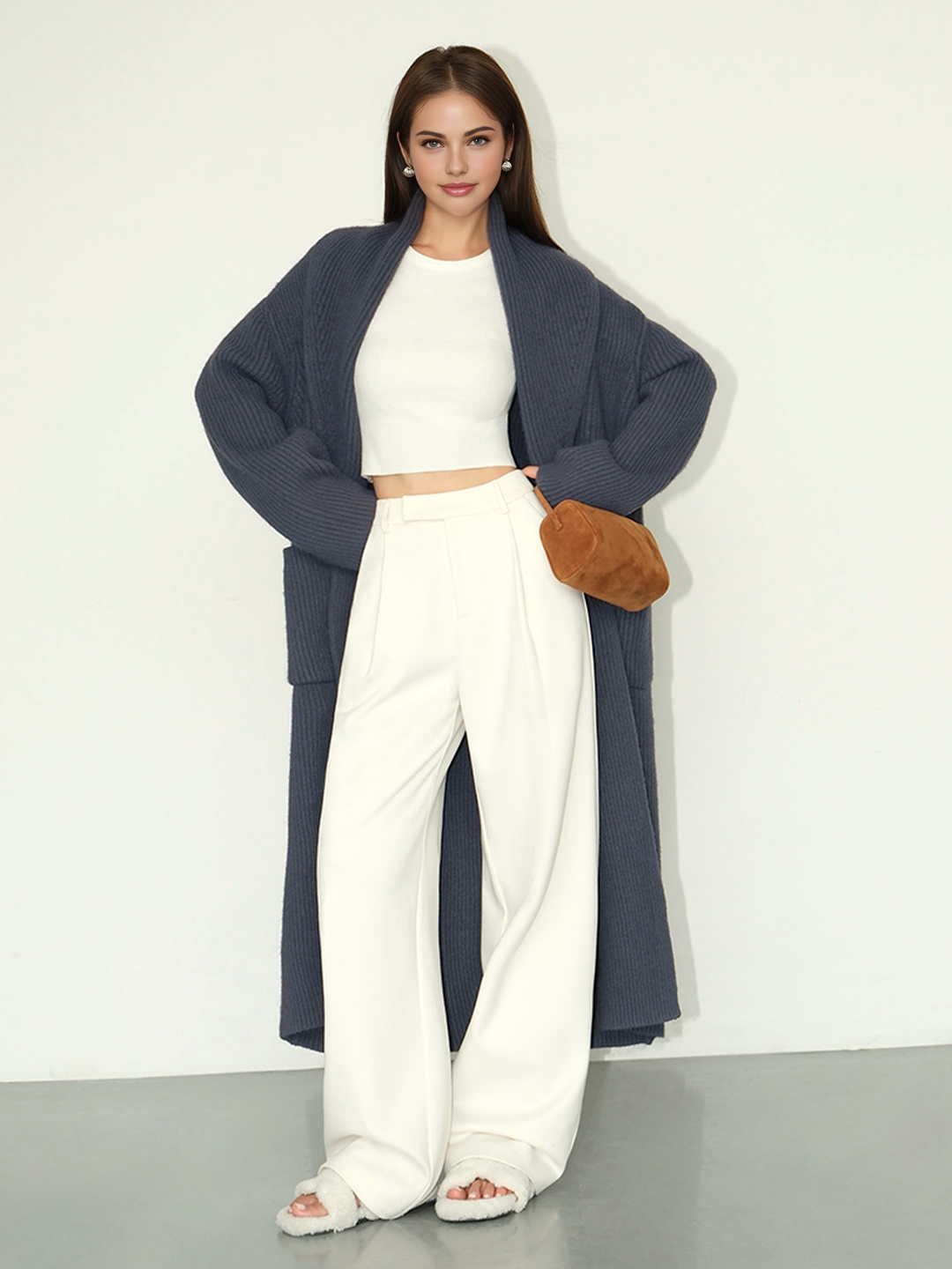 Svelte Chic Düz Ribanalı Cepli Uzun Hırka