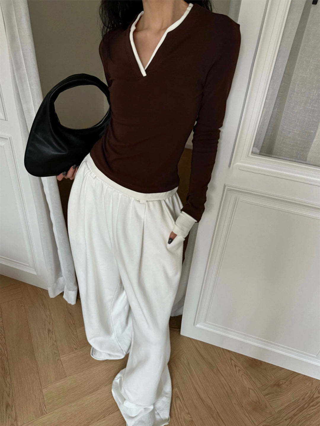 Svelte Chic 2'si 1 Arada V Yaka Kontrast Şeritli Jersey Üst