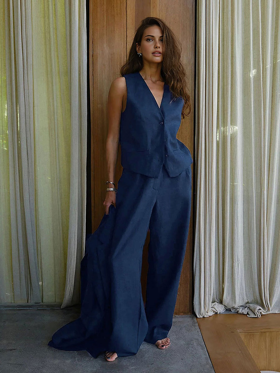 Pamuk ve keten yan yırtmaçlı yelek, Svelte Chic