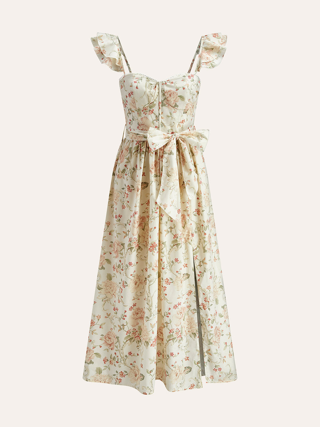 Şık Çiçek Desenli Elbise, volan askılar ve bağlama bel yırtmaç detayıyla