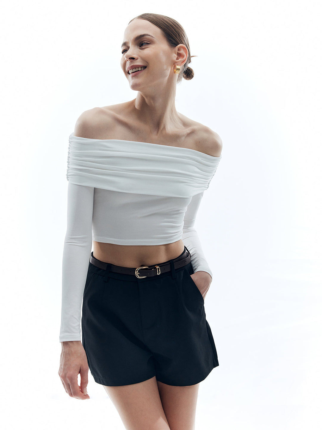 Off Shoulder Solid Slim T-shirt, Svelte Chic