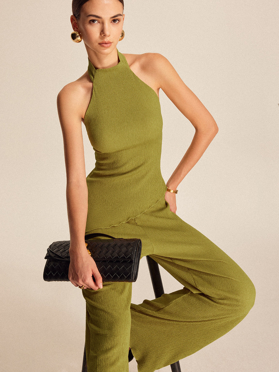 Şık Halter Yaka Sırt Açık İkili Pantolon Seti