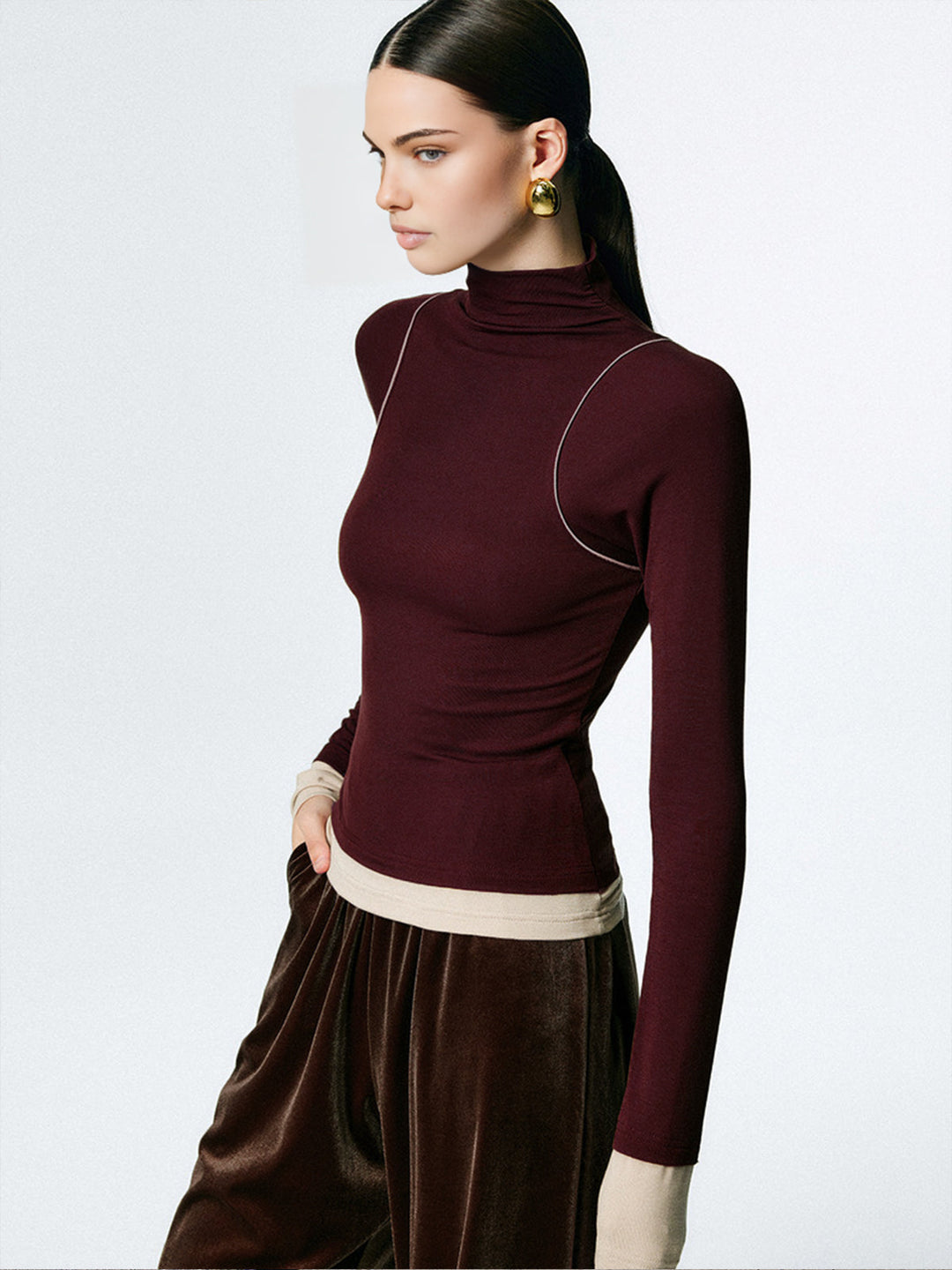 Mock Neck Contrast Binding Jersey Top, Svelte Chic