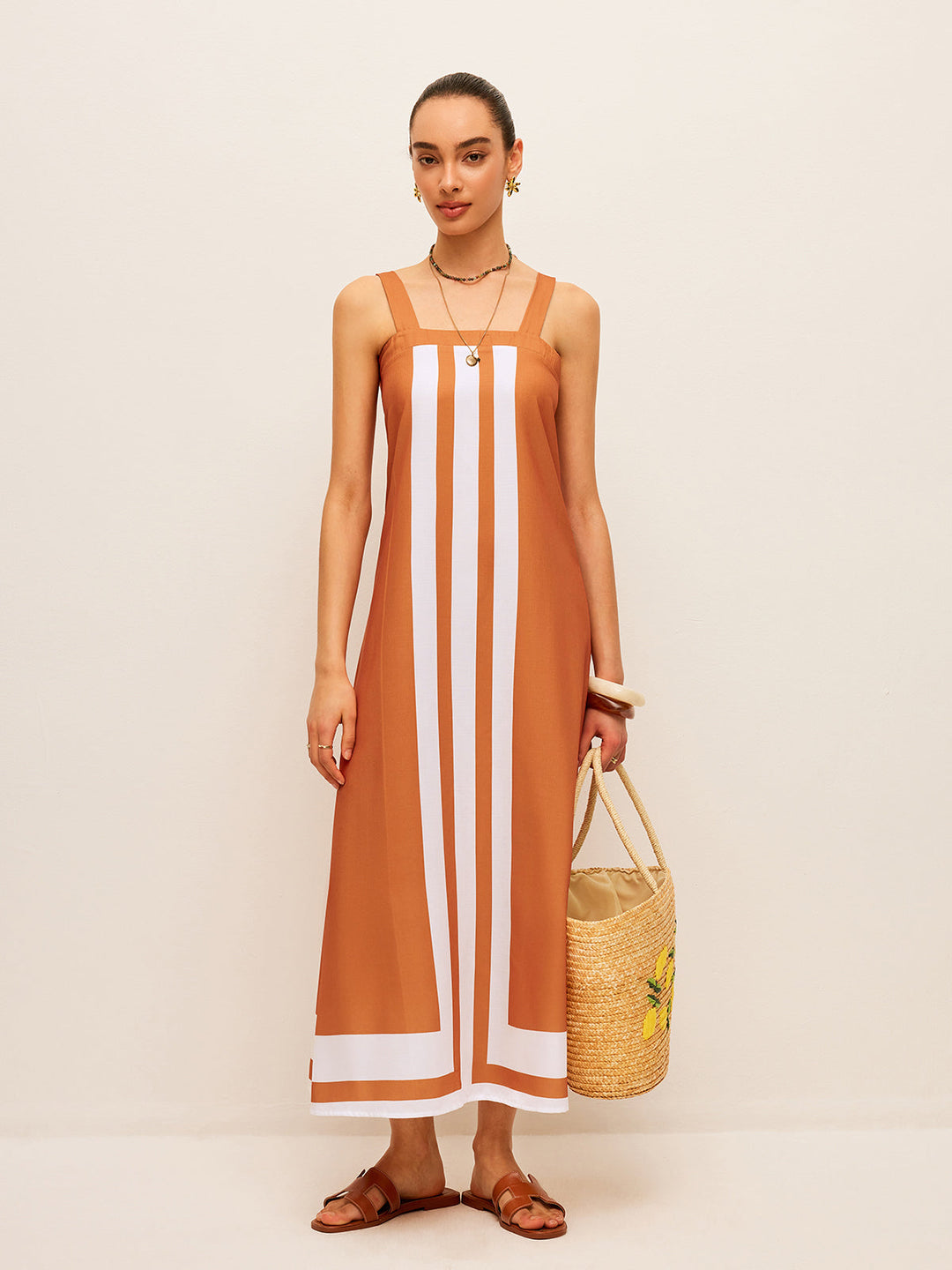 Şık Renk Bloklu Kare Yaka Elbise