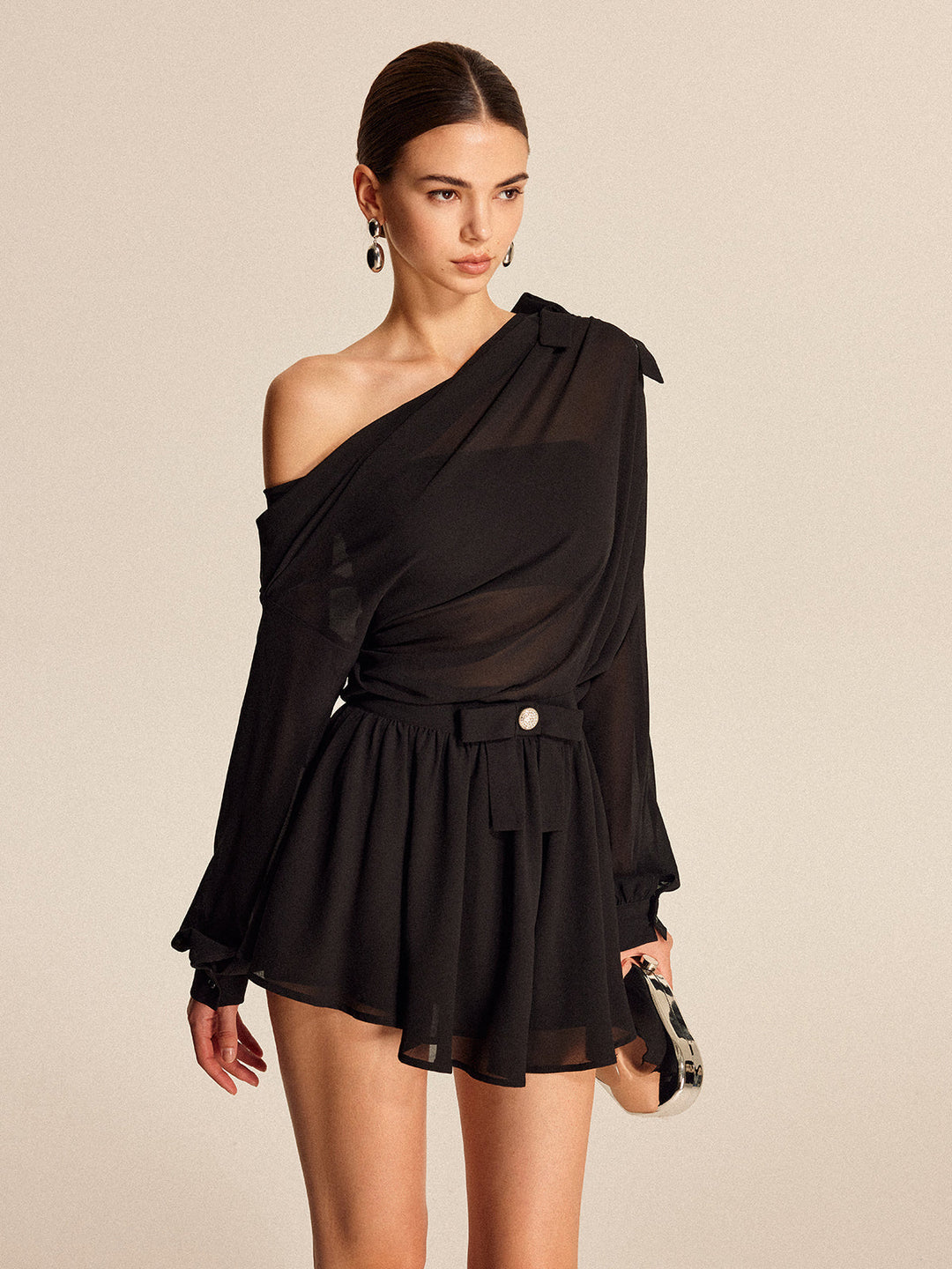 Şık Şifon Tek Omuzlu Etek Takımı Bow Detaylı