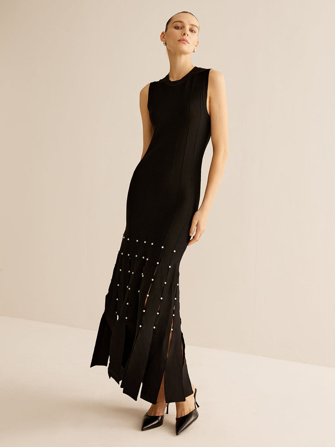 İnci süslemeli kuyruklu kazak elbise