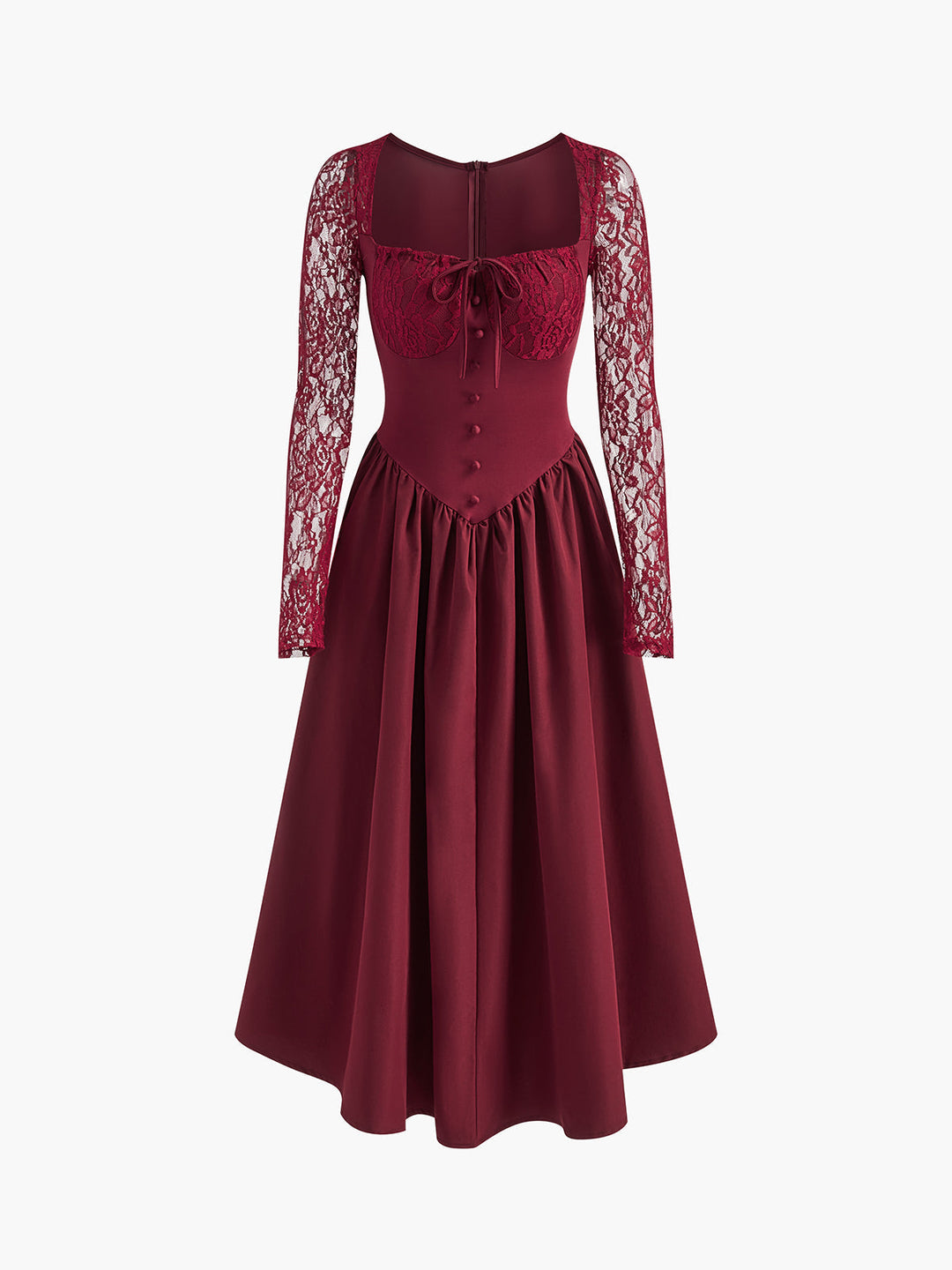 Pileli dantel kollu uzun elbise, romantik stil