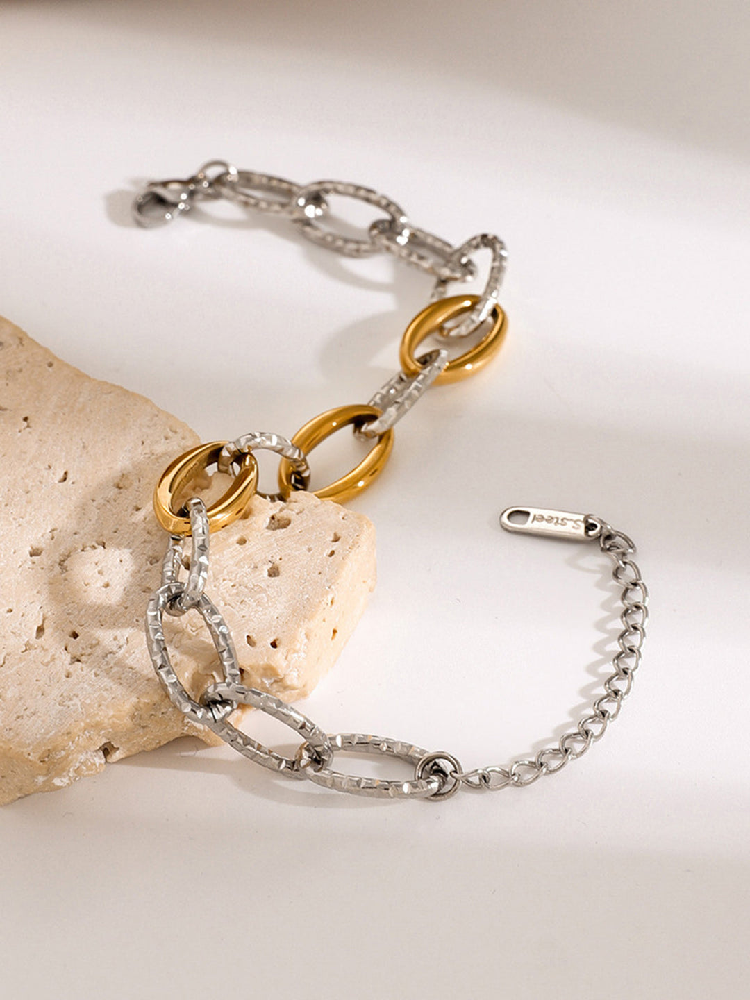 Altın ve gümüş link bileklik titanyum çelikten