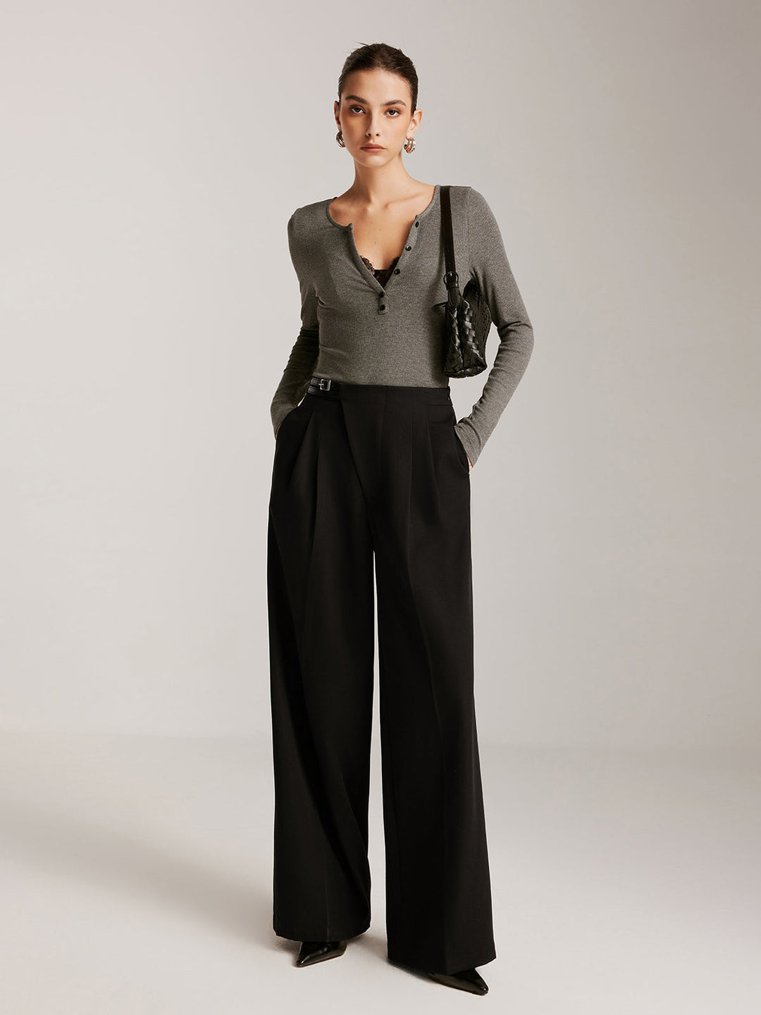 Asymmetrical Buckle Belted Pleated Pants şık kemerli tasarım