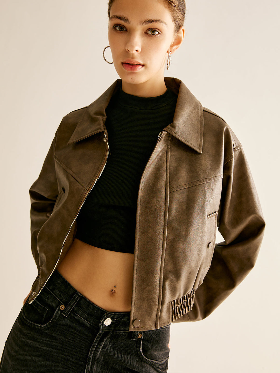 Zipper Faux Leather Jacket, kadın modası için şık sahte deri ceket