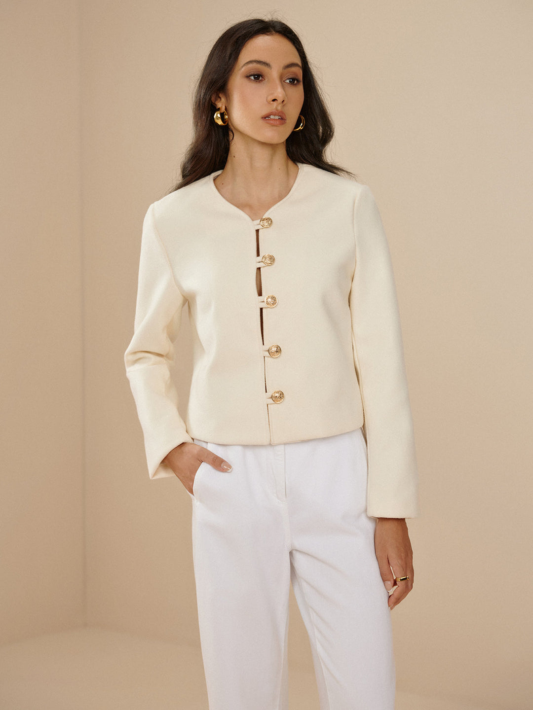 Yaka Düğmeli Düz Ceket, metal düğmeli şık tasarım