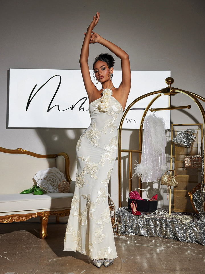 Aedin Çiçekli Halterneck Maxi Elbise