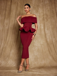 Augustus Omuz Dekolteli Flounce Midi Elbise