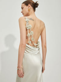 Saten Büzgülü Yaka Sırtı Açık Abiye Elbise