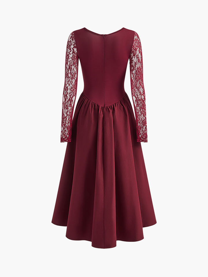 Pileli Dantel Kollu Uzun Abiye Elbise