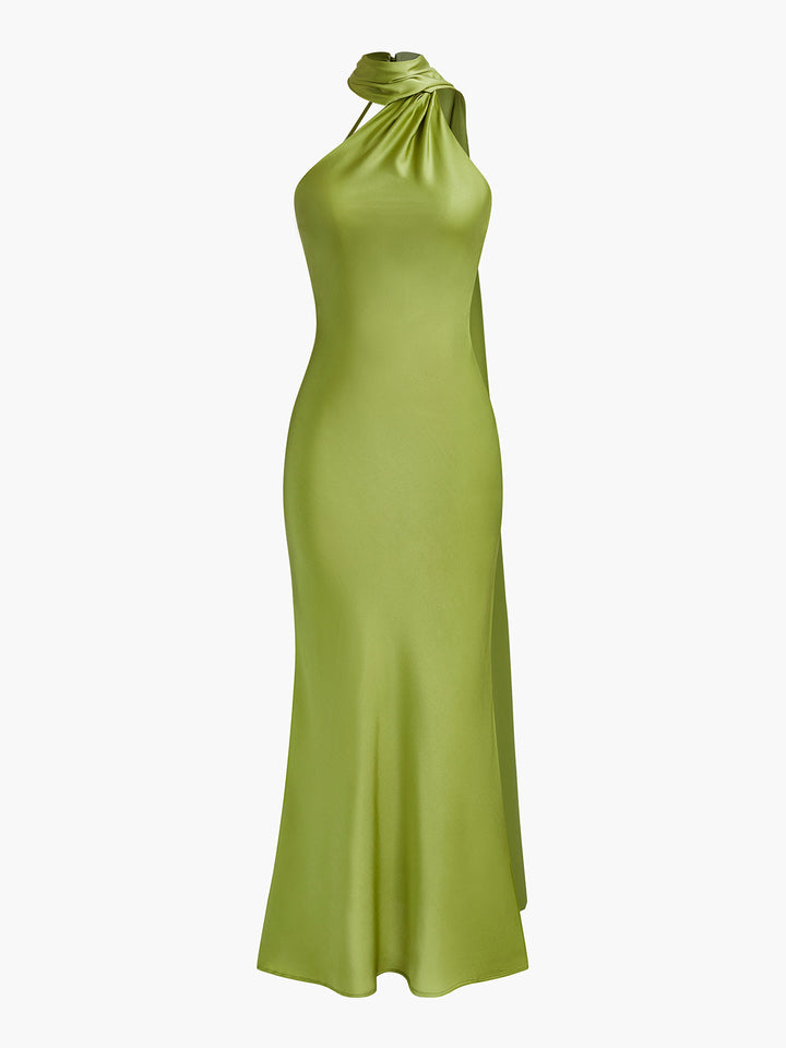 Sırtı Açık Saten Halter Abiye Elbise