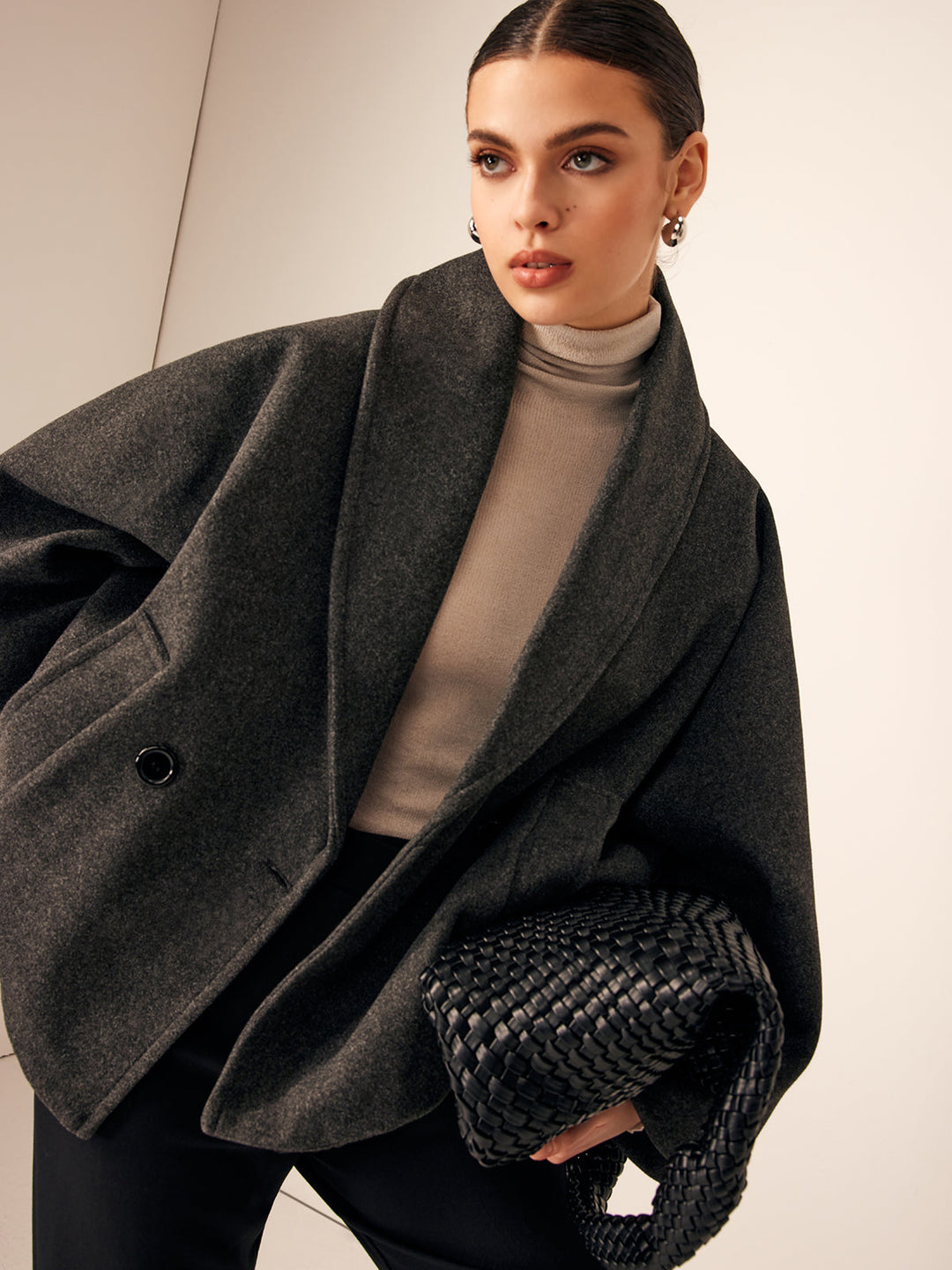 Tweed Cepli Bol Yün Manto