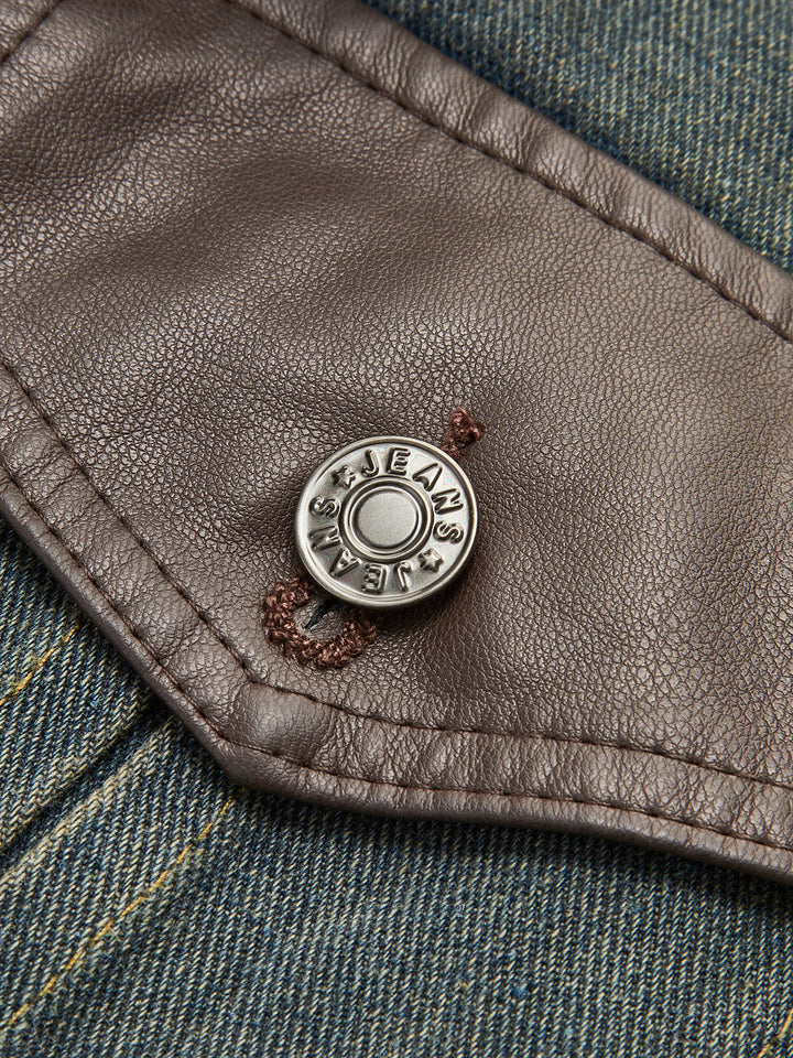 Vintage Kontrast Süslü Yaka Denim Ceket