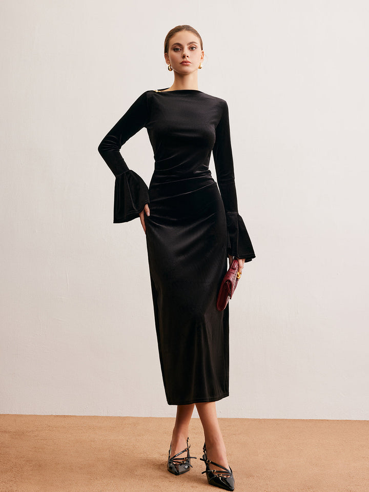 Volanlı Manşetli Kadife Abiye Uzun Elbise